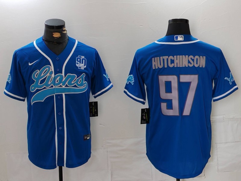 Men's Detroit Lions #97 Aidan Hutchinson Blue With 90th Anniversary Patch Cool Base Stitched Baseball Jersey Men's Detroit Lions #97 Aidan Hutchinson Blue With 90th Anniversary Patch Cool Base Stitched Baseball Jersey